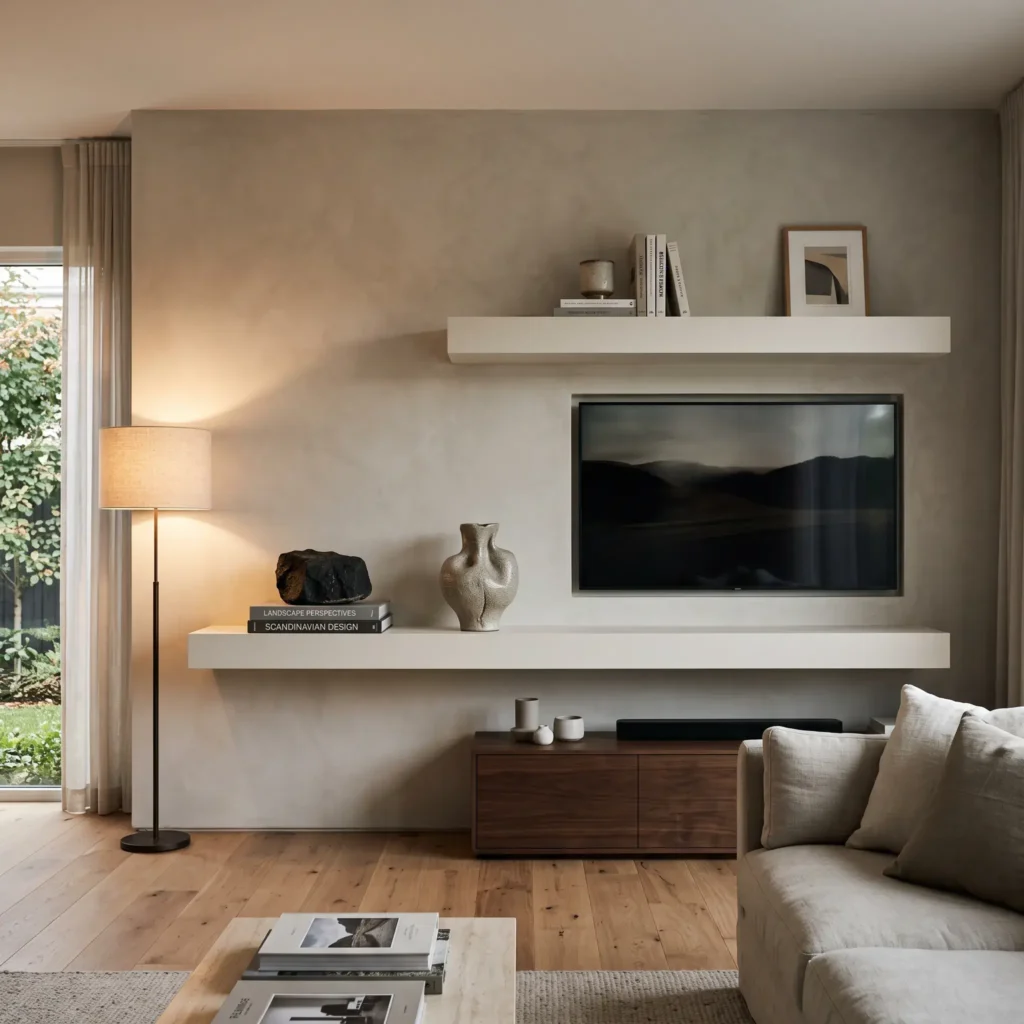 Thick off-white floating box-beam shelves arranged asymmetrically beside a wall-mounted flat-screen television.