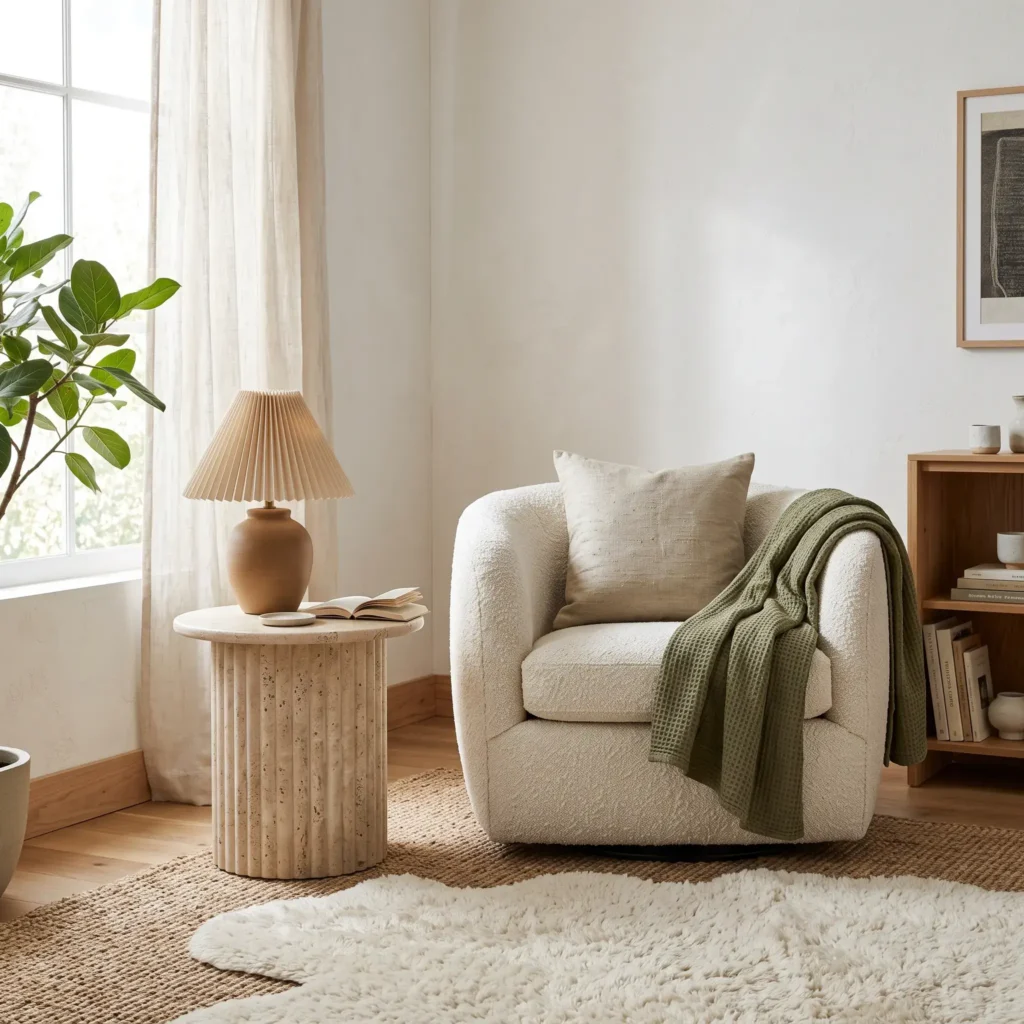  Living room corner reading nook featuring an ivory bouclé swivel chair, layered jute rug, and an olive green waffle throw.