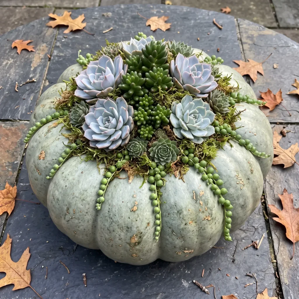 Sage-green Jarrahdale heirloom pumpkin topped with living succulent cuttings and moss on a slate patio.