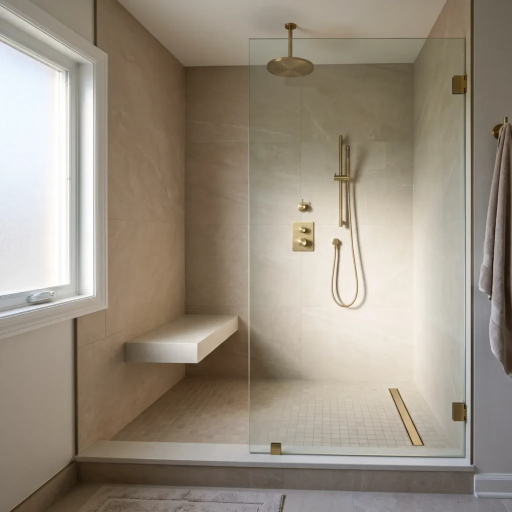  Spacious low-curb walk-in shower with frameless glass panels, large-format warm beige porcelain tiles, a floating teak bench, and brushed brass dual showerheads.