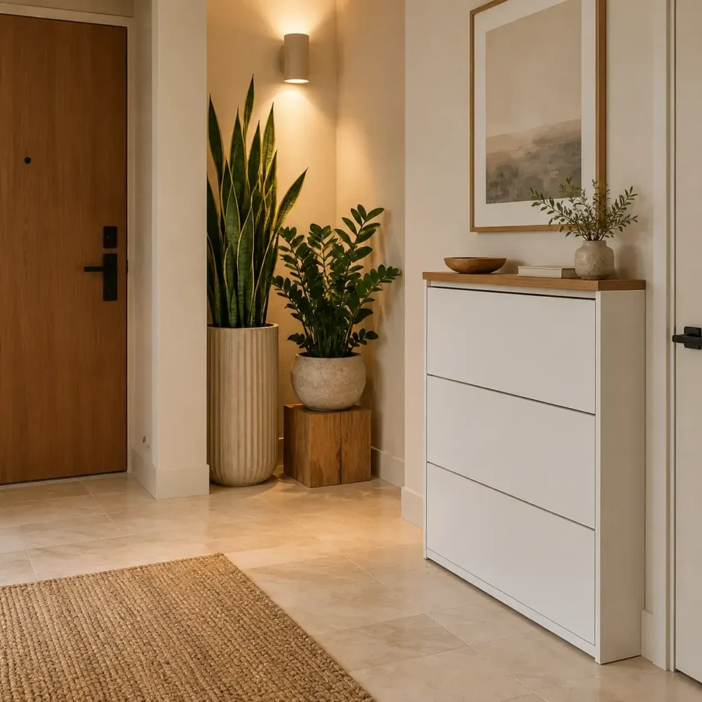 Entry hall with low-light indoor plants in ceramic pots beside an ultra-slim tilt-out shoe cabinet.