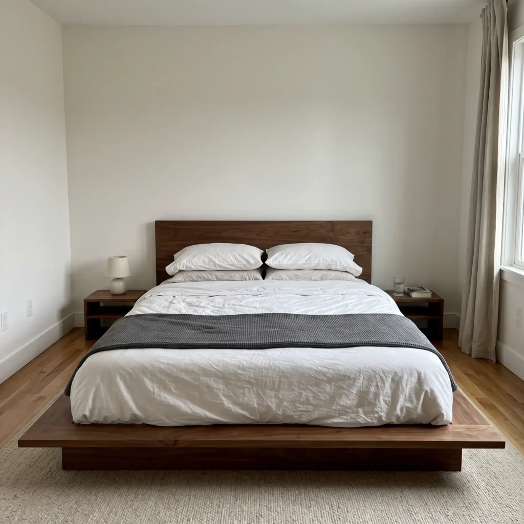 Low-profile walnut platform bed with generous walking clearance on both sides in a small bedroom.