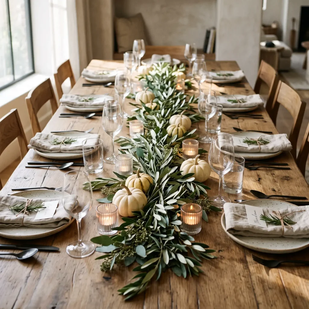 Flat low-profile Thanksgiving table runner with fresh olive leaves, seeded eucalyptus, and petite white Lumina pumpkins on washed linen.