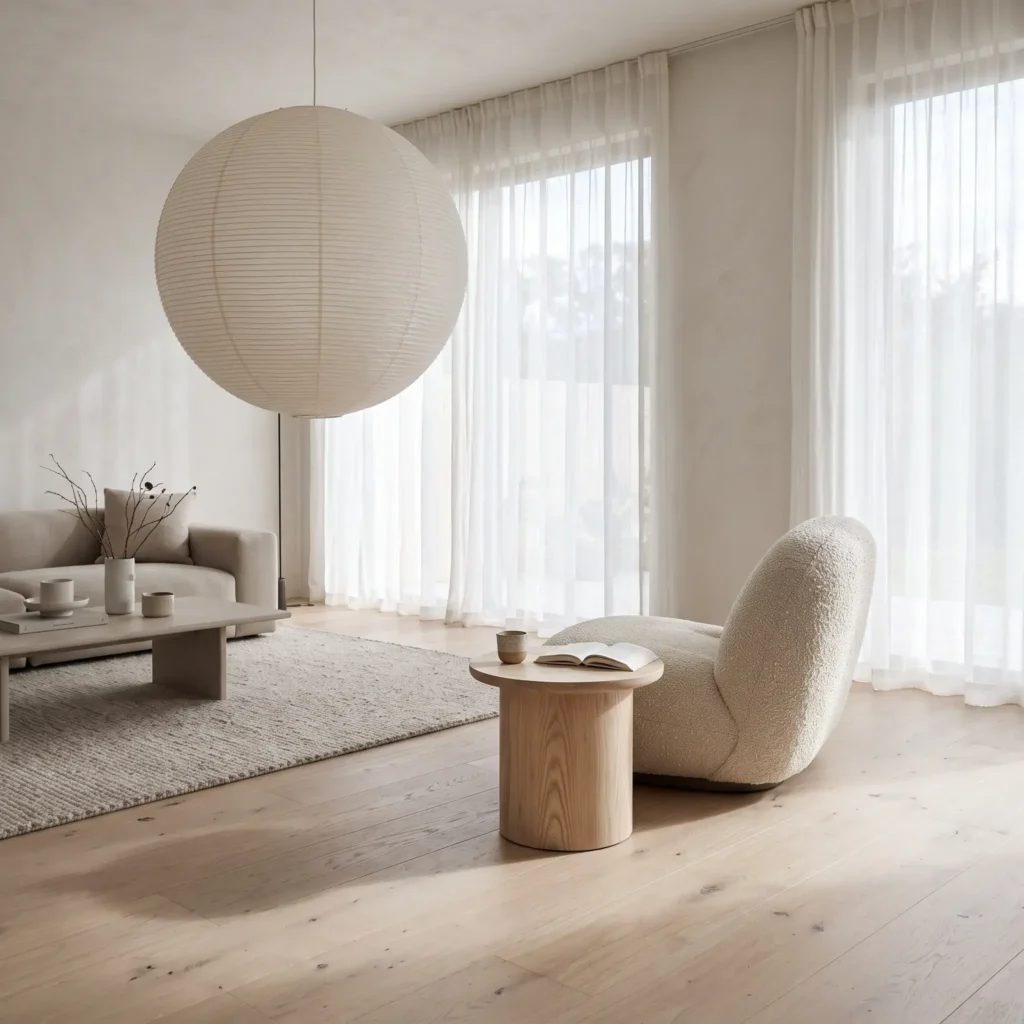Low-profile living room with a Noguchi Akari paper pendant lamp and curved cream lounge seating.