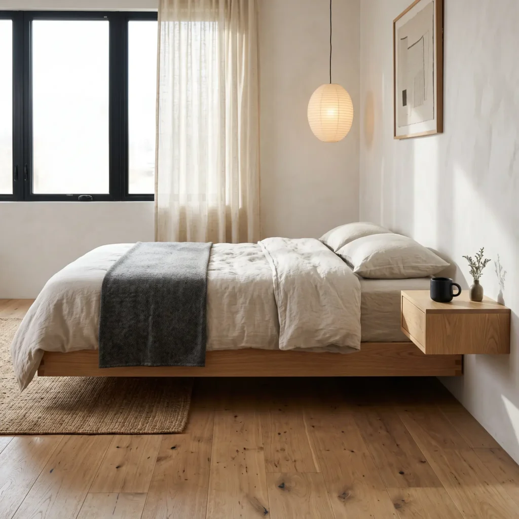 Low white oak platform bed styled with oatmeal linen bedding and floating nightstands in a minimalist bedroom.