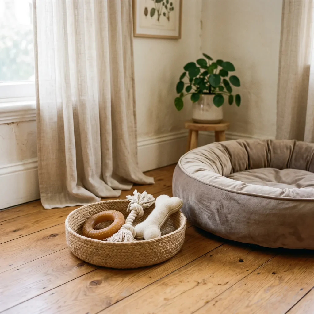 Shallow woven basket with a few dog toys next to an upholstered pet bed in a neutral room.