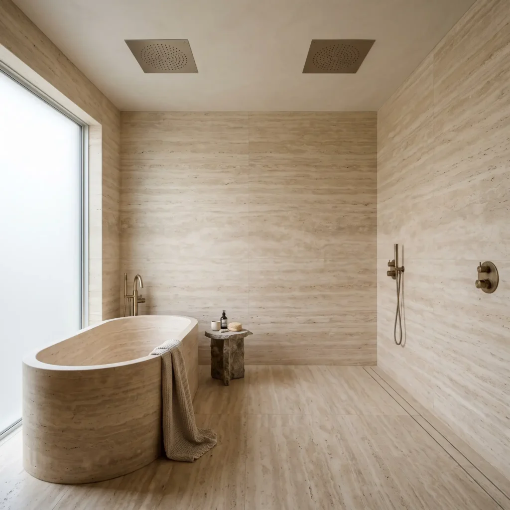 Modern hydrothermal ensuite bathroom with honed Roman travertine walls and a freestanding carved stone soaking tub.