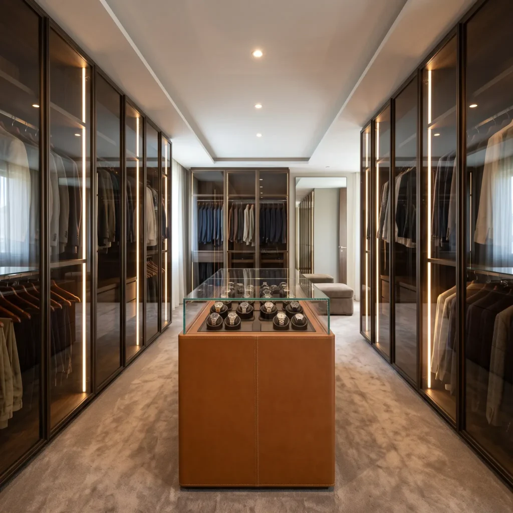 Boutique walk-in dressing suite with illuminated smoked glass wardrobes and a central leather-wrapped accessory island.