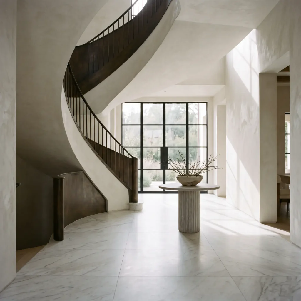 Architectural grand foyer with honed Calacatta marble floors, a sculptural helical staircase, and a dark bronze balustrade.