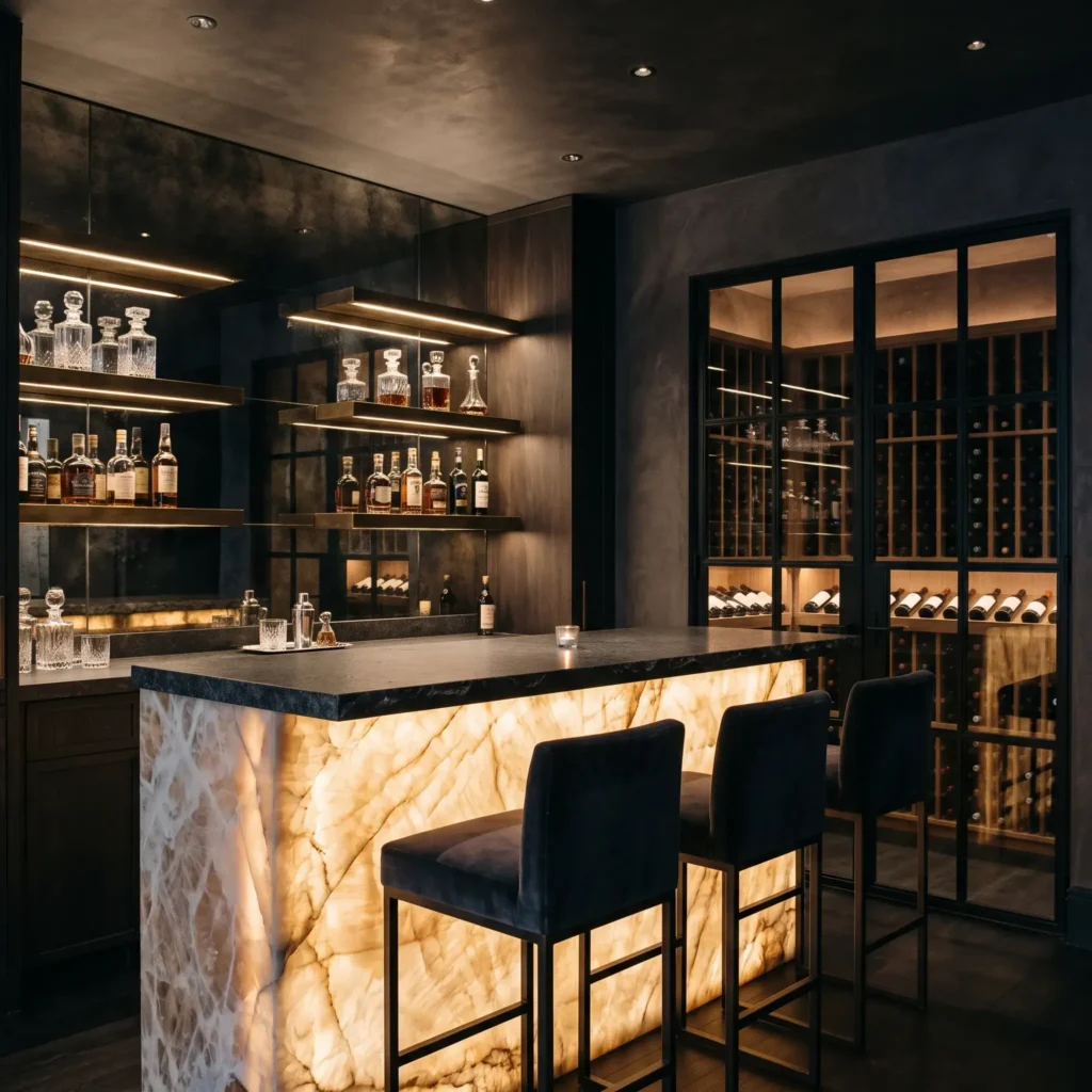 Modern residential speakeasy bar featuring a backlit Cristallo quartzite counter and a climate-controlled glass wine display.