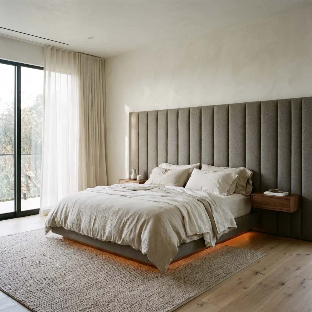 Primary bedroom sanctuary featuring a full-width upholstered wool headboard wall and recessed blackout drapery.