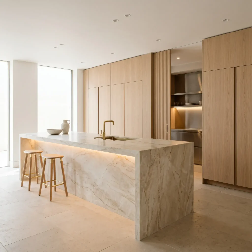 Architectural show kitchen with a Taj Mahal quartzite waterfall island and flush oak veneer cabinetry.