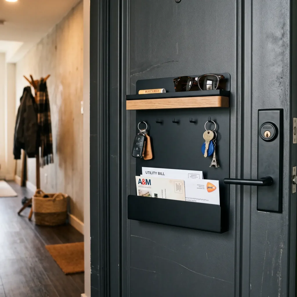 Matte black magnetic organizer mounted on the inside of a metal apartment front door holding keys and mail.