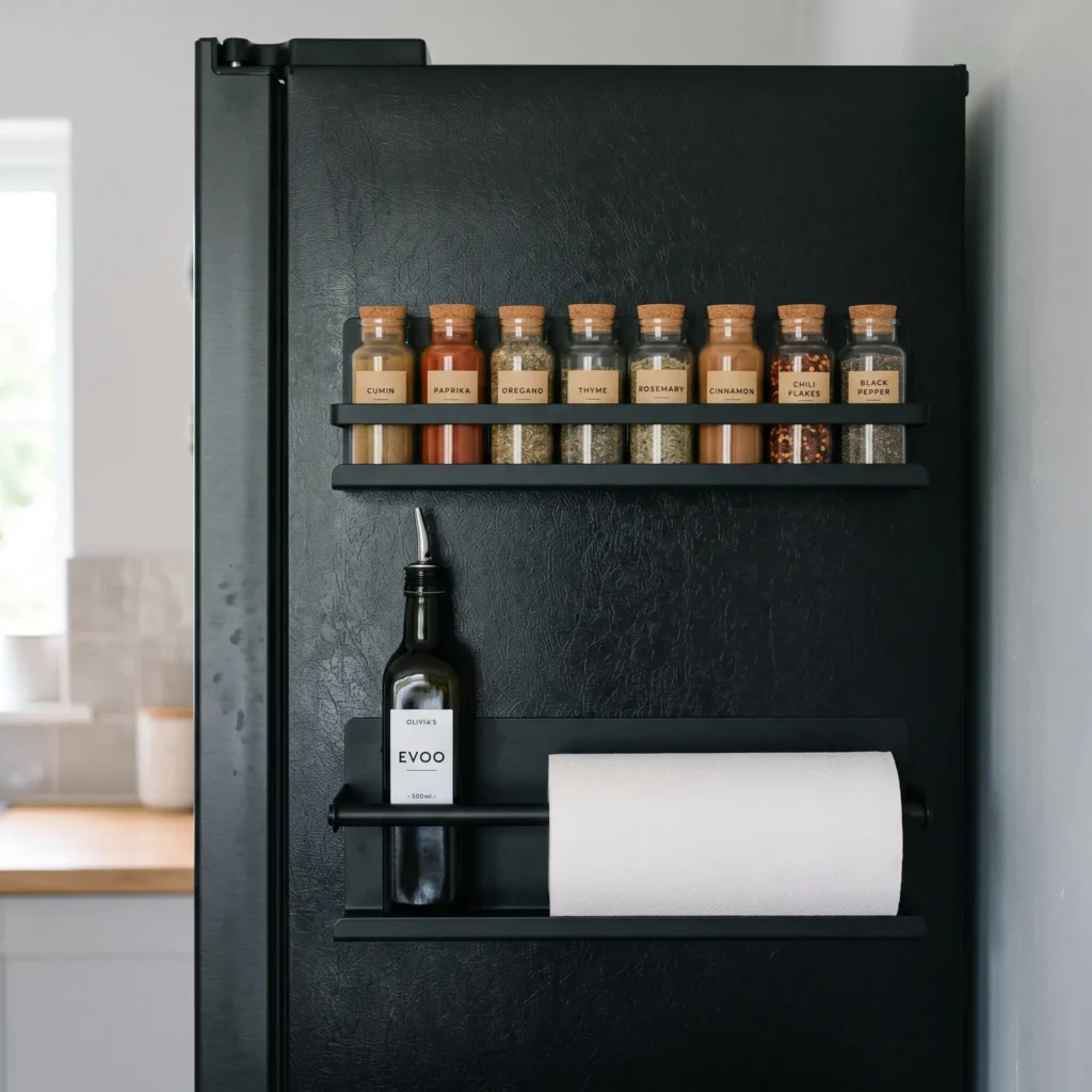 Heavy duty magnetic black metal storage racks attached to the side of an apartment refrigerator holding spice jars.