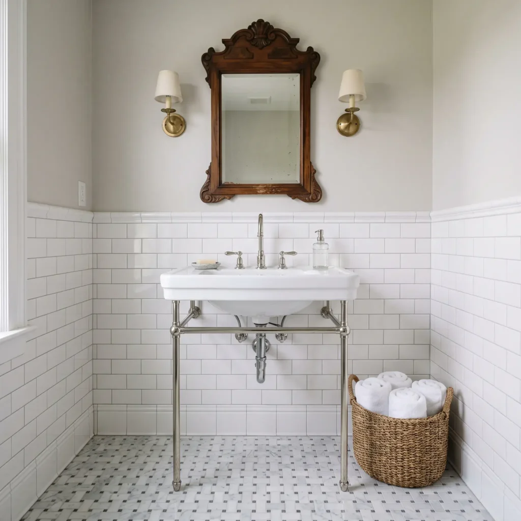Historic style bathroom with freestanding porcelain washstand sink and basketweave marble tile.