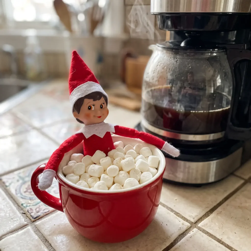 Scout elf sitting inside a ceramic mug filled with mini marshmallows next to a coffee machine.