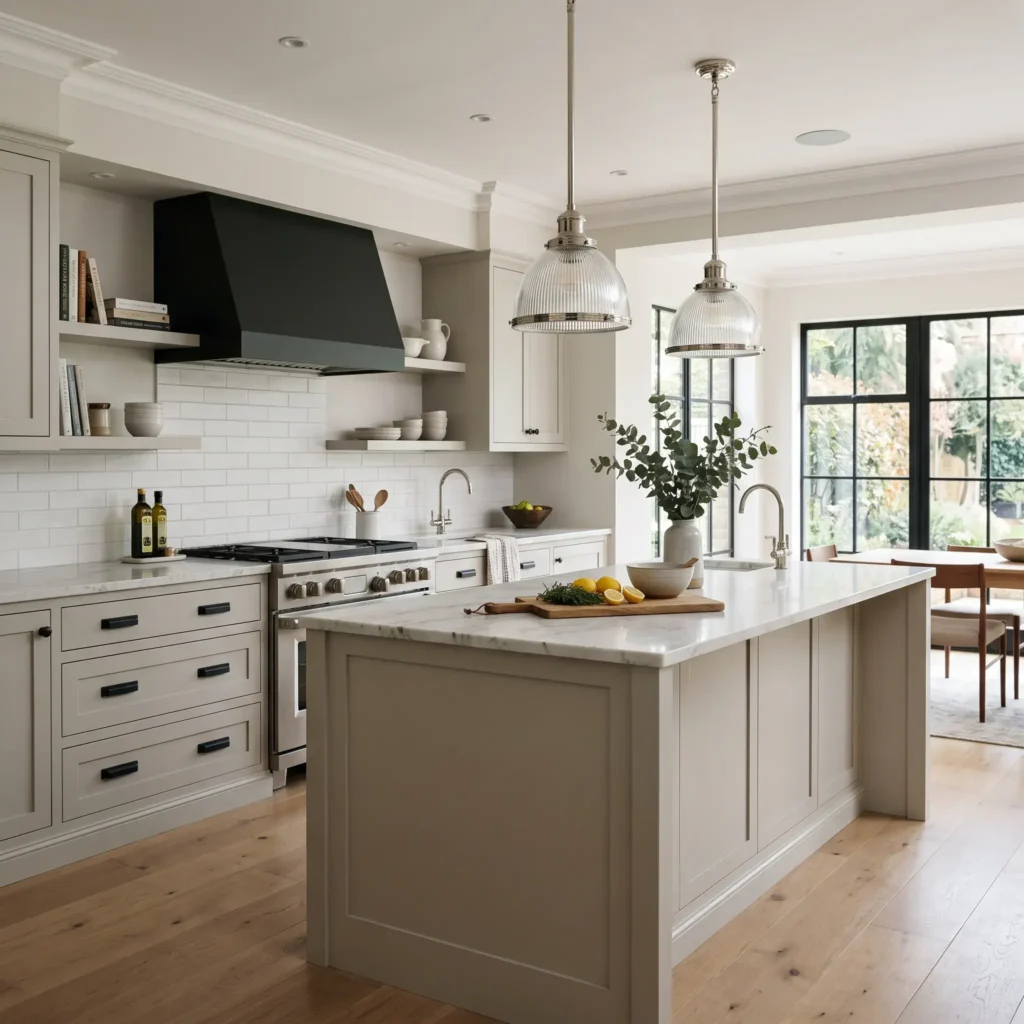 Bright transitional white kitchen with matte black drawer handles and two polished nickel globe pendants hanging over the island.