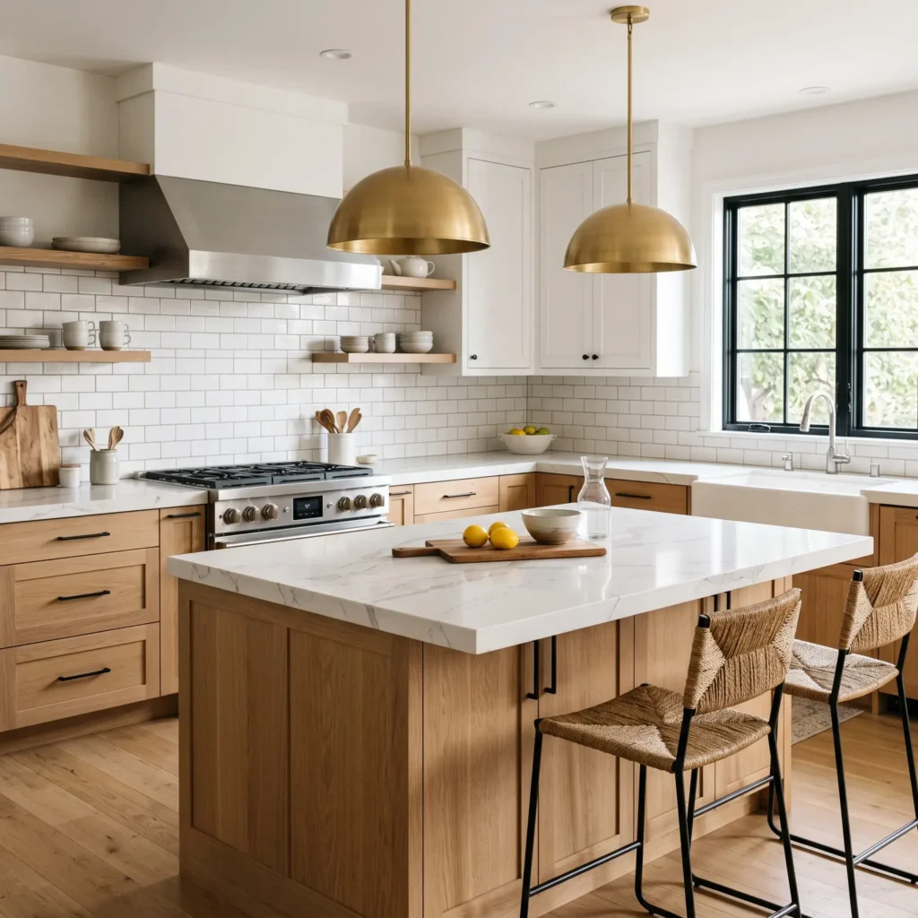 Cottage kitchen showing dusty blue cabinets with pewter cup pulls and an antique brass wall sconce over walnut shelves.
