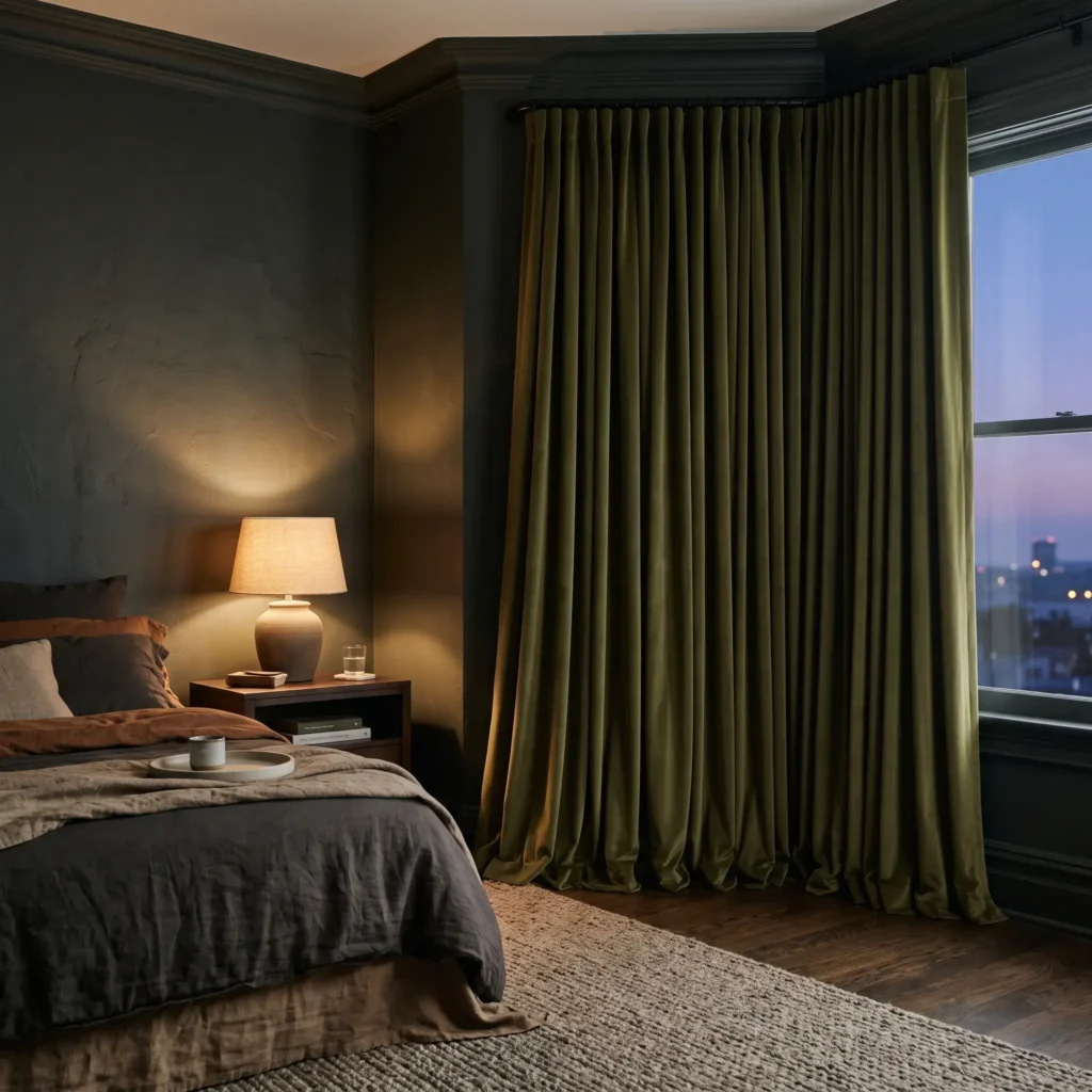 Dark olive matte velvet curtains on a matte black French return wrap rod in a cozy bedroom.