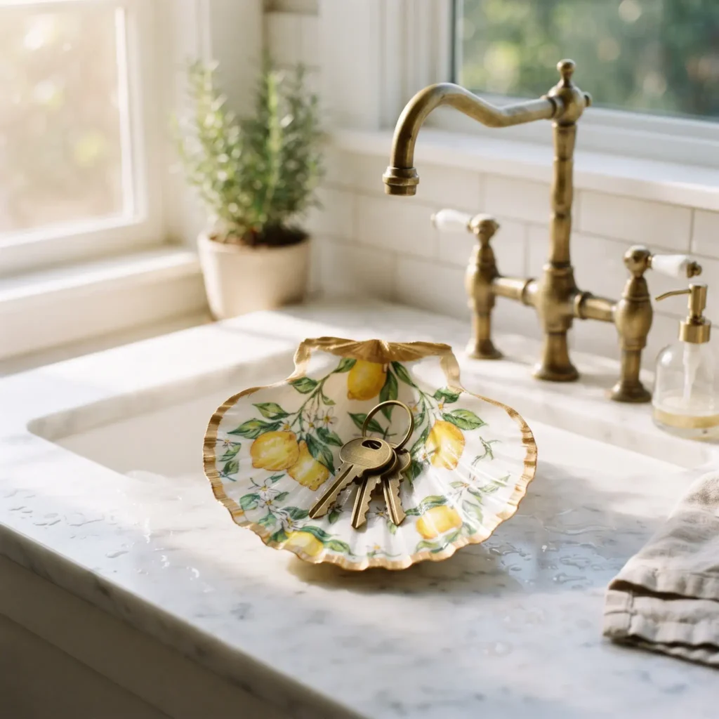 Mediterranean lemon pattern decoupage scallop shell sitting on a white marble kitchen countertop next to a brass faucet.