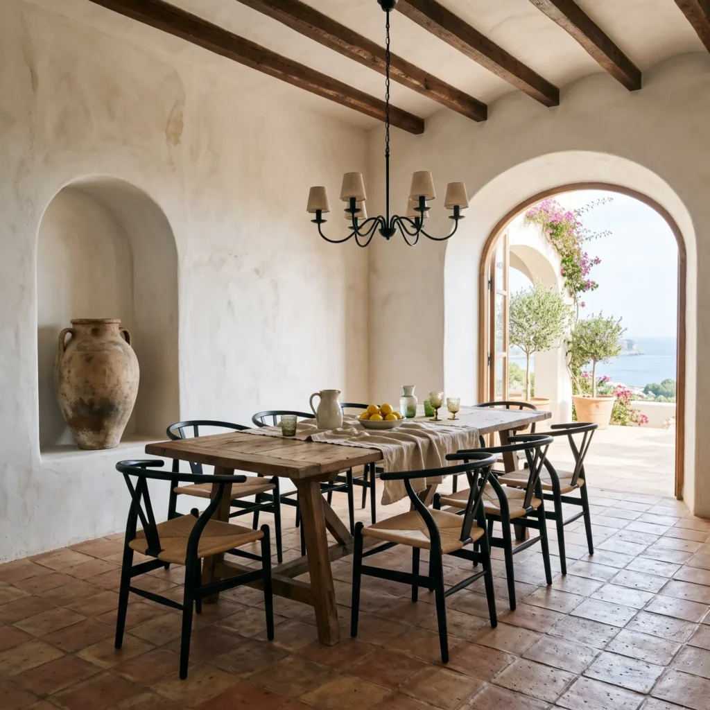 Mediterranean coastal dining room with arched doorways, lime-plaster walls, a wood trestle table, and terracotta floors.