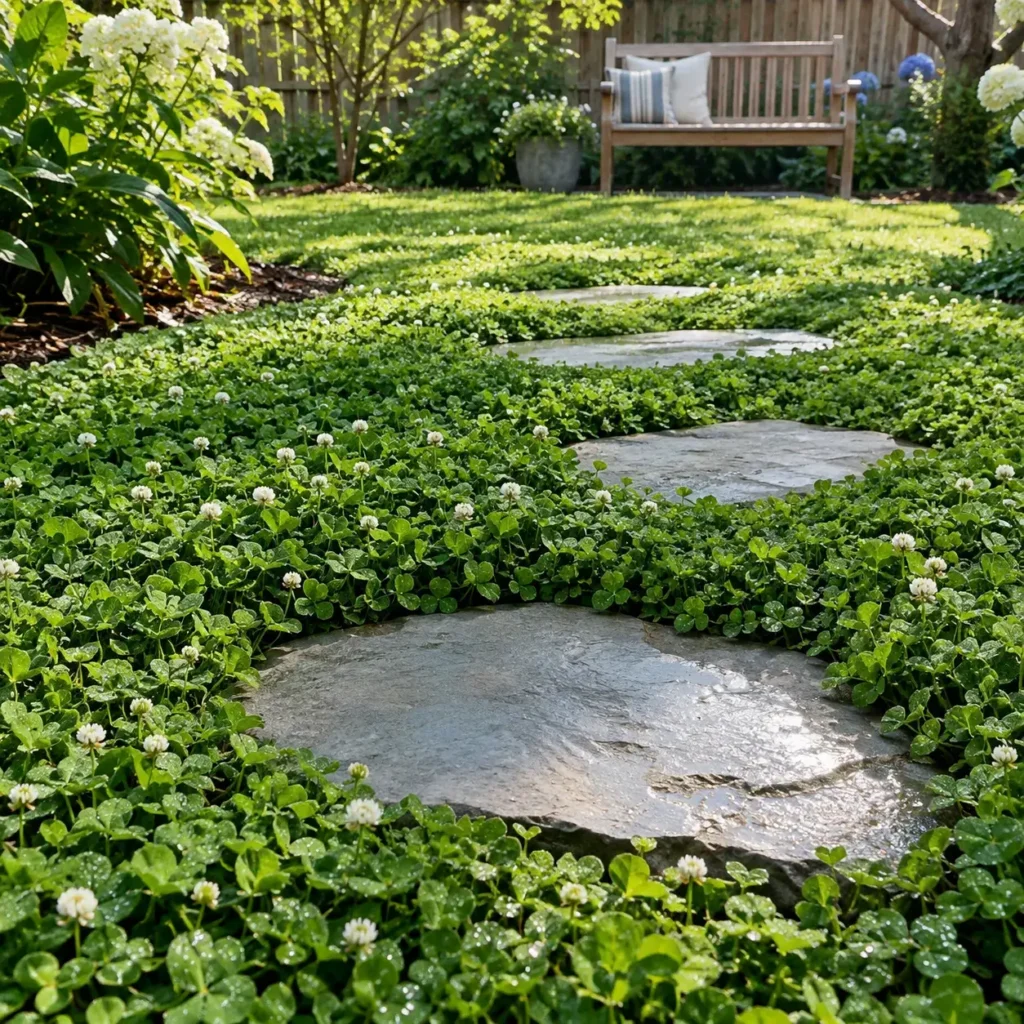 Microclover lawn alternative with large natural bluestone stepping stones set flush in the turf.