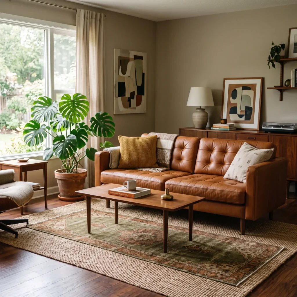 Mid-century modern living room with a cognac leather sofa, walnut furniture, and an olive green accent palette.