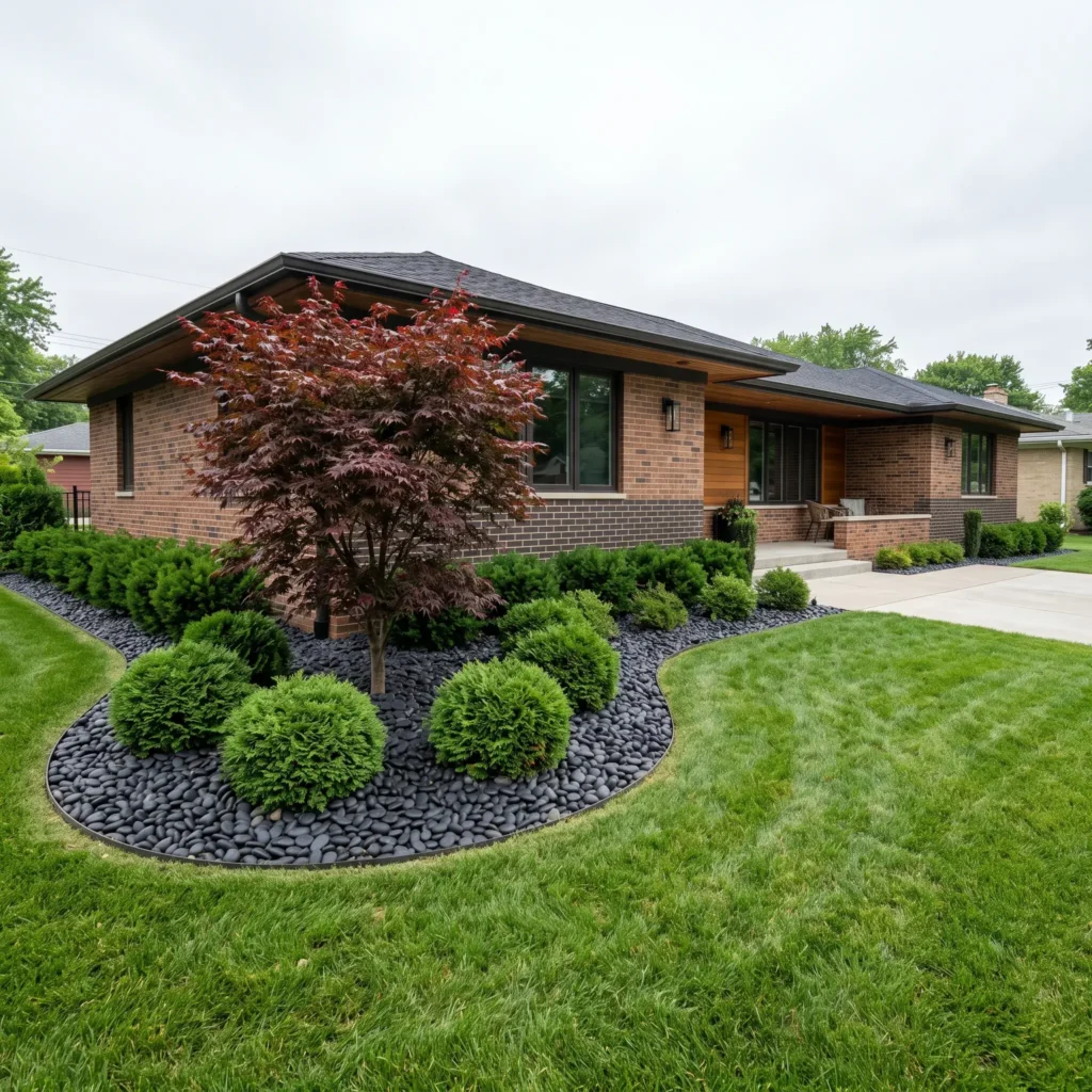 Red brick ranch home featuring a deep curved front garden bed with a Japanese maple and mounded evergreen shrubs.