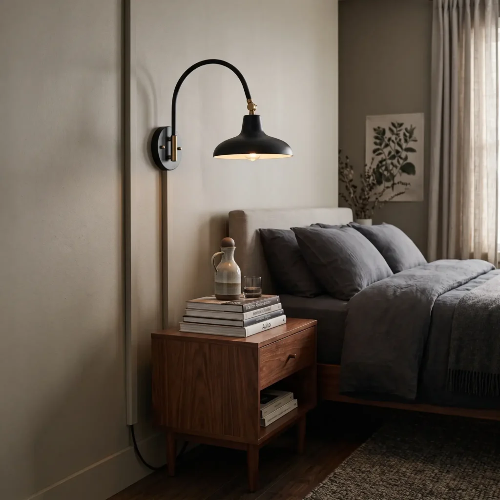 Matte black plug-in sconce with flared metal shade mounted on a greige bedroom wall.