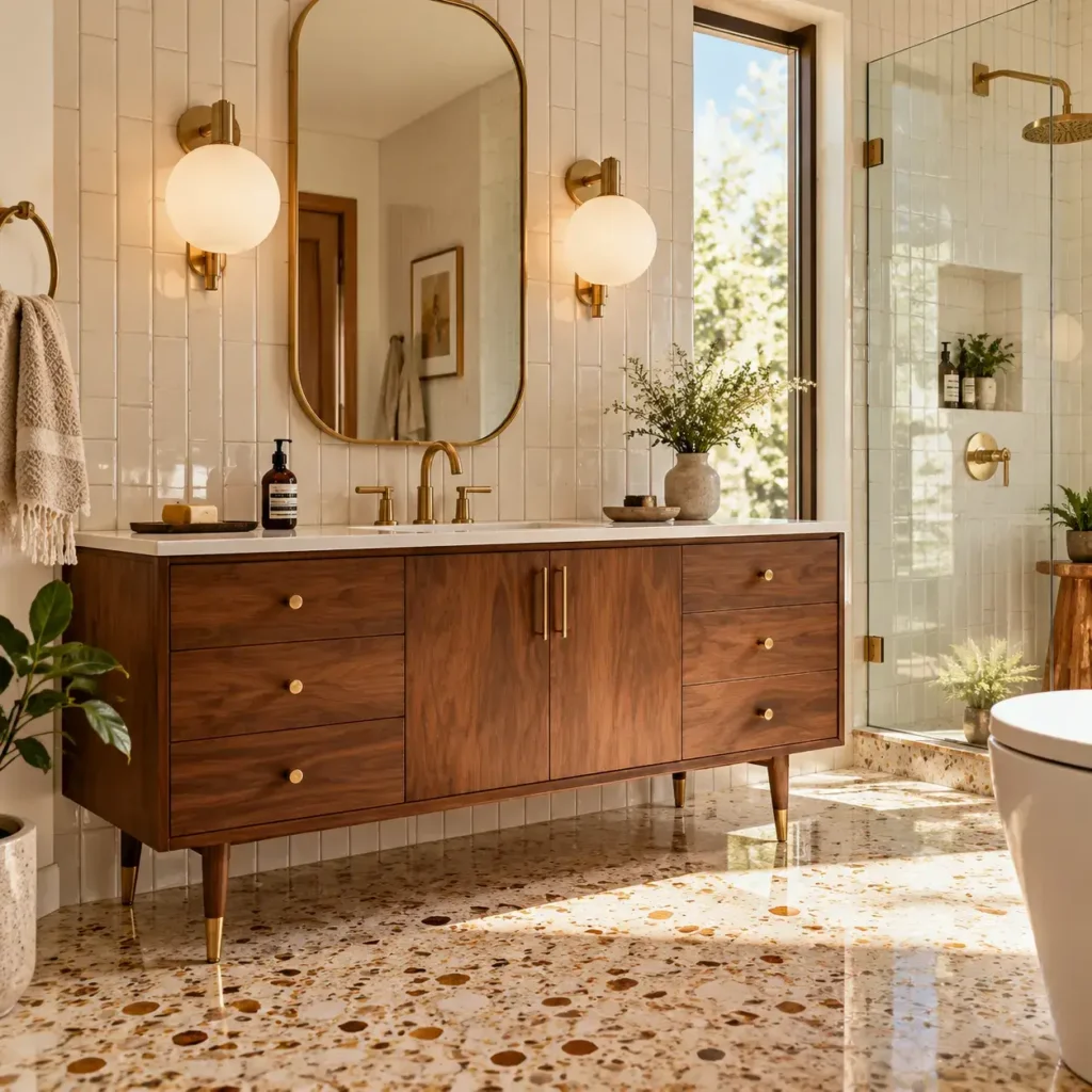 Mid-century modern bathroom with a walnut vanity on tapered legs, terrazzo floor tiles, and brass globe sconces.