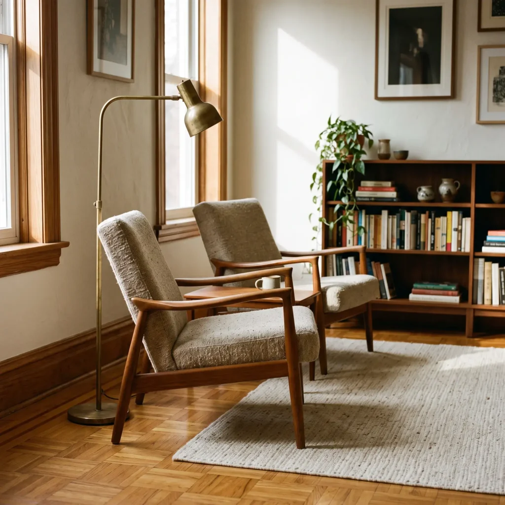 Mid-century living room featuring Danish teak lounge chairs, a walnut bookcase, and honey oak flooring.