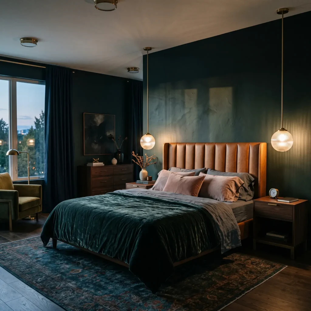 Moody dark emerald bedroom with deep blue-black green walls, caramel leather headboard, and brass picture lights.