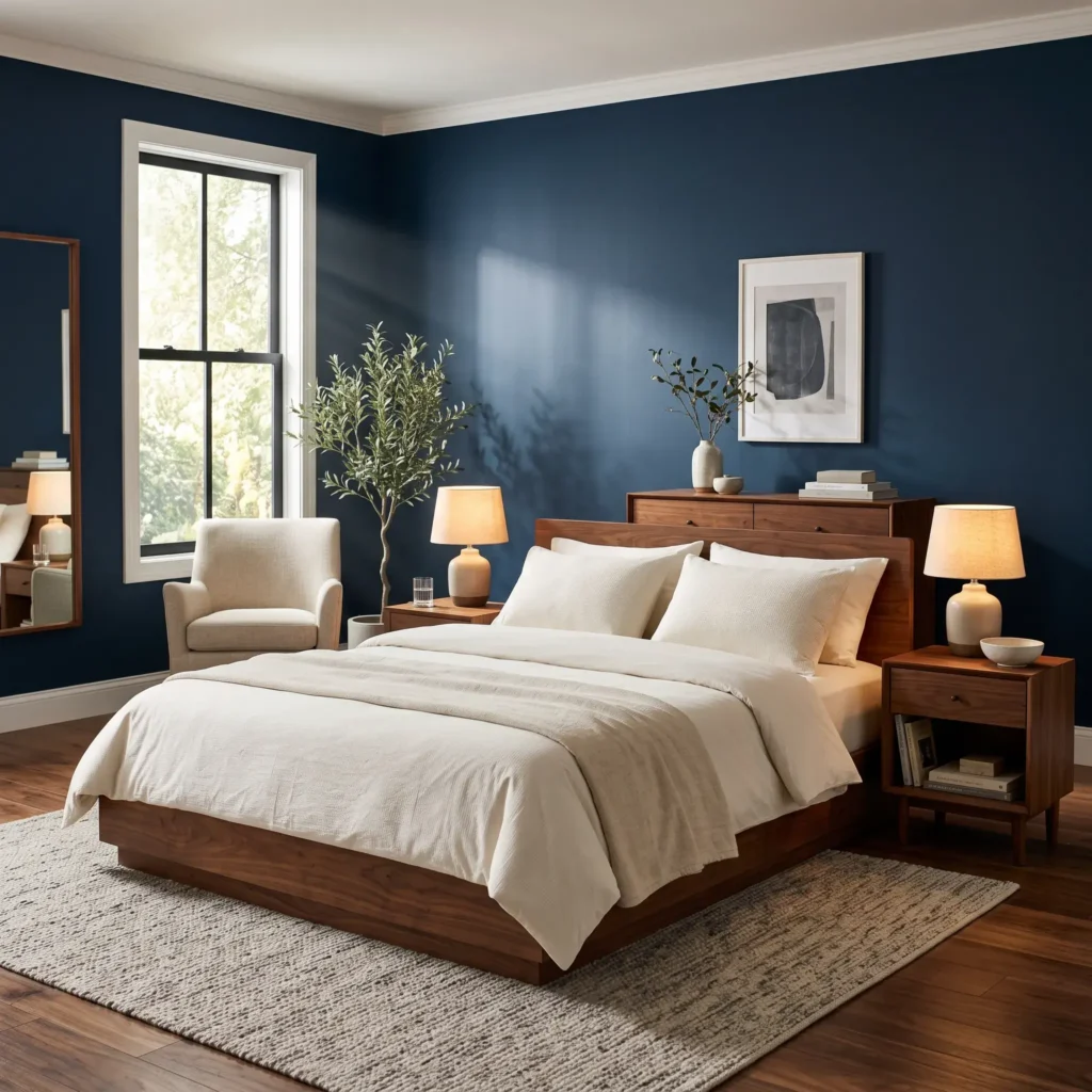 Dark navy bedroom with rich walnut wood furniture, cream cotton bedding, and warm table lamps with paper shades.