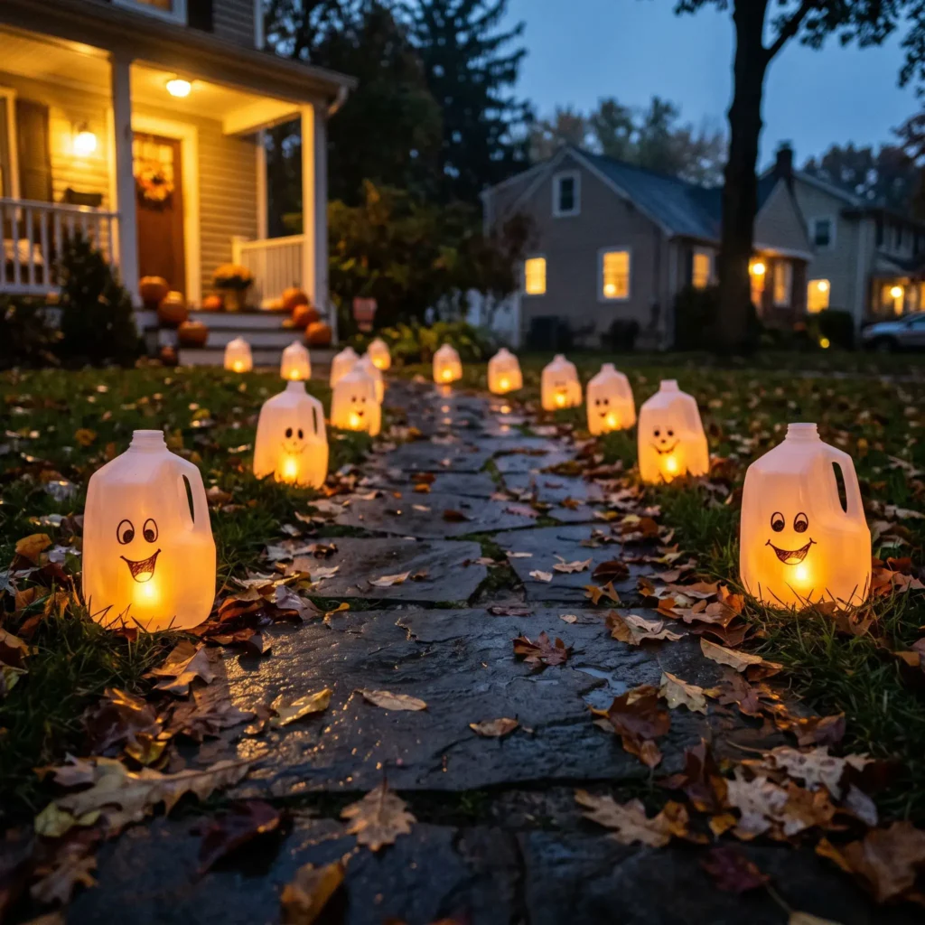 Plastic milk jug ghost lanterns with smiling faces glowing along a stone walkway at night.