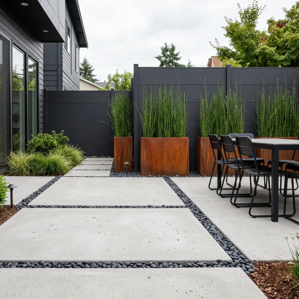 Minimalist concrete backyard patio with Corten steel planter boxes and black pebble joints.