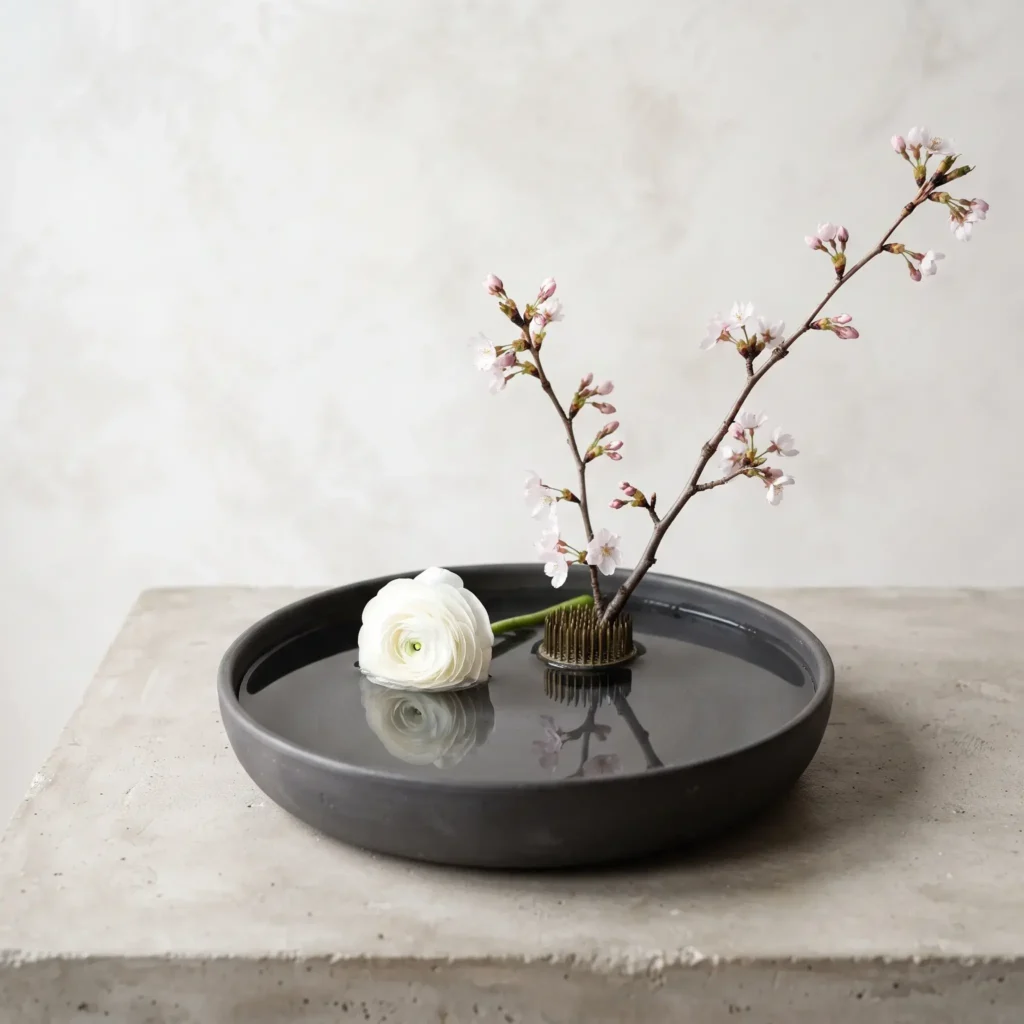 Minimalist brass pin frog floral arrangement with a flowering branch and white ranunculus in a shallow dark ceramic water dish.