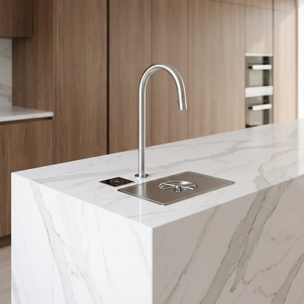 Minimalist kitchen island with a sleek stainless steel coffee dispensing tap and flush drip tray on a marble countertop.