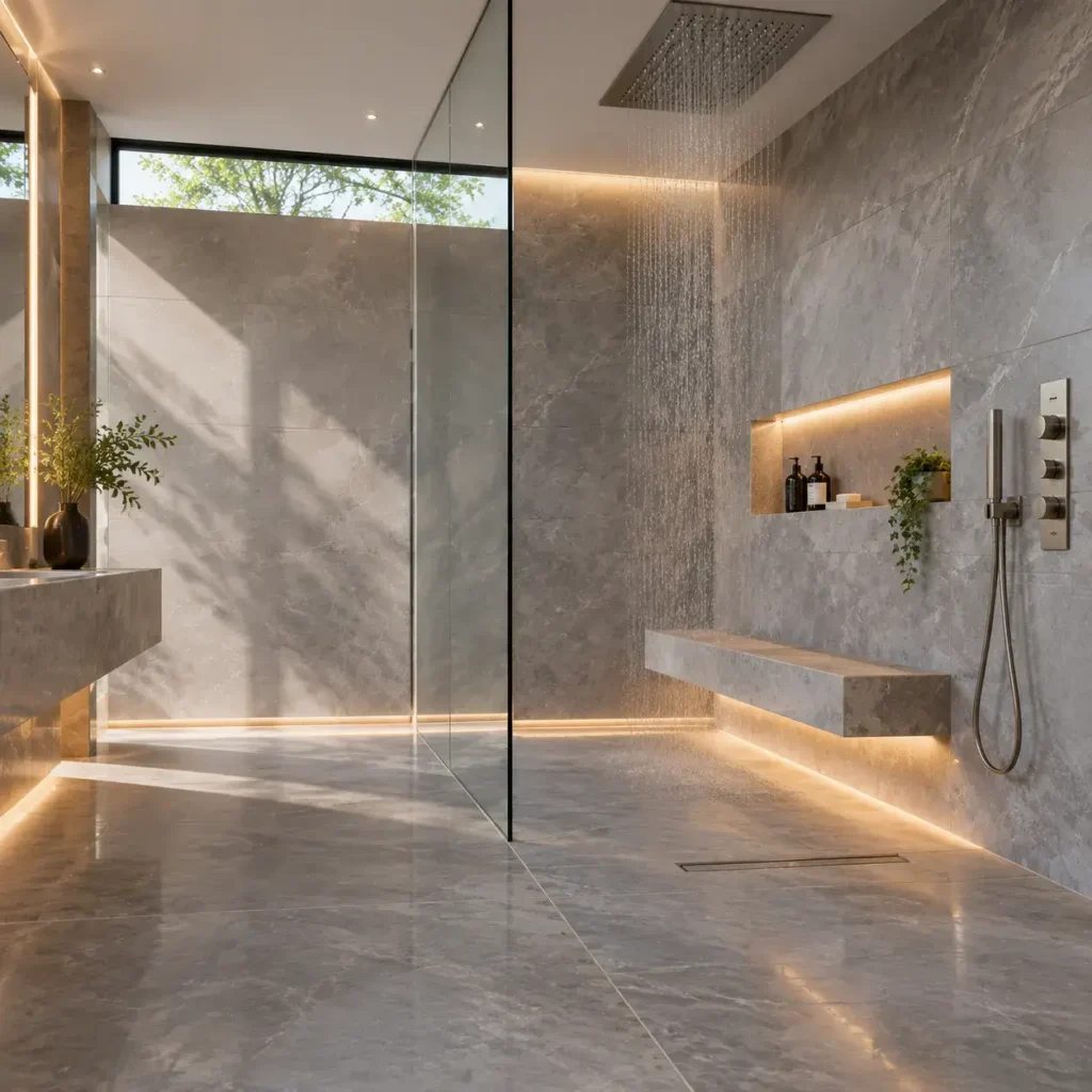 Minimalist spa bathroom featuring large-format mist gray porcelain wall slabs, a curbless walk-in shower, and a ceiling rainfall shower head.