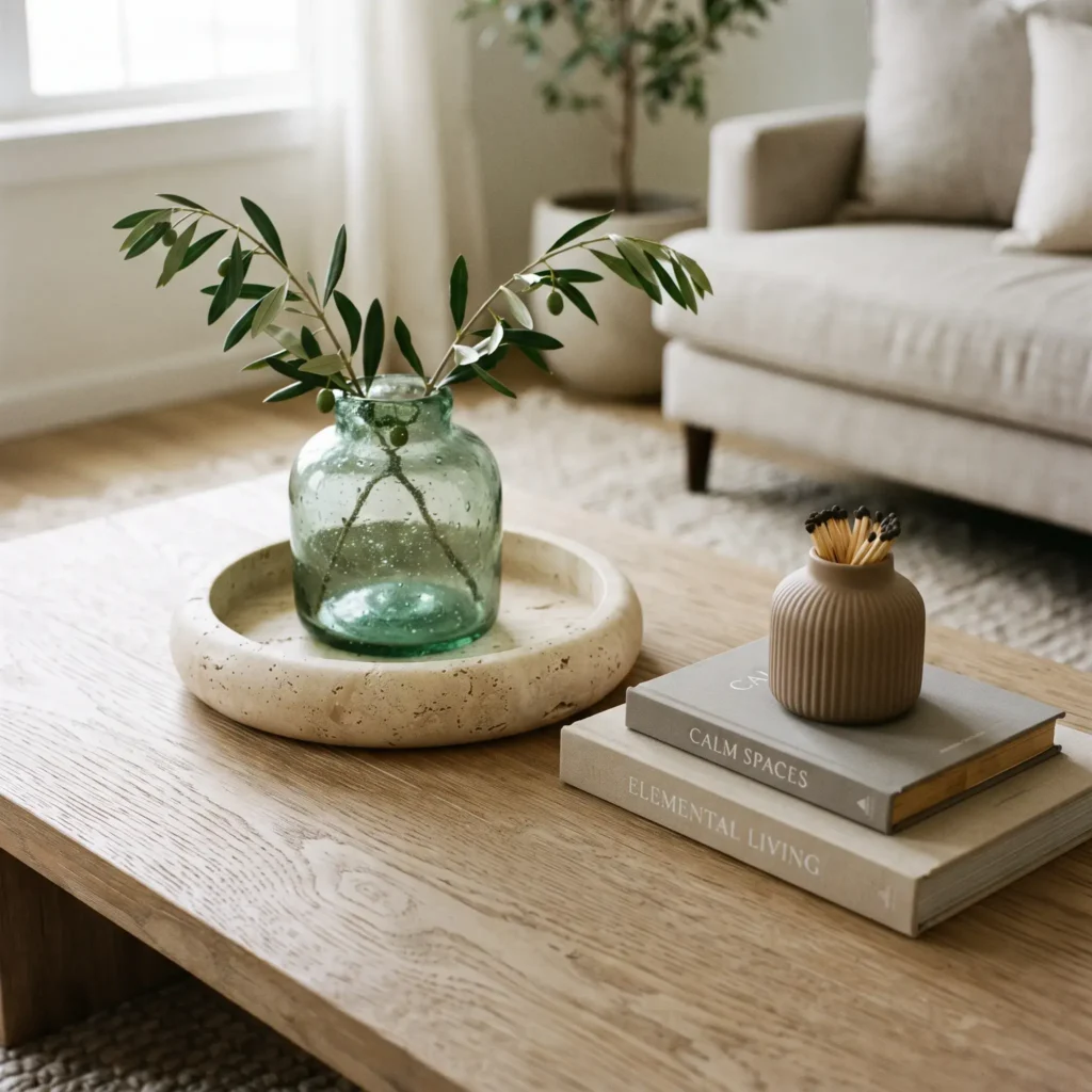 Light wood coffee table styled with a travertine stone tray and a clear glass vase holding olive branches.