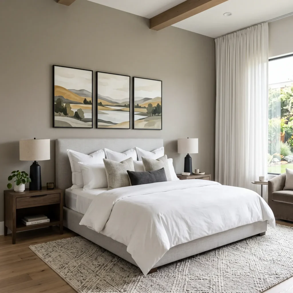 Minimalist three-piece landscape triptych with black aluminum frames centered above an upholstered King headboard.