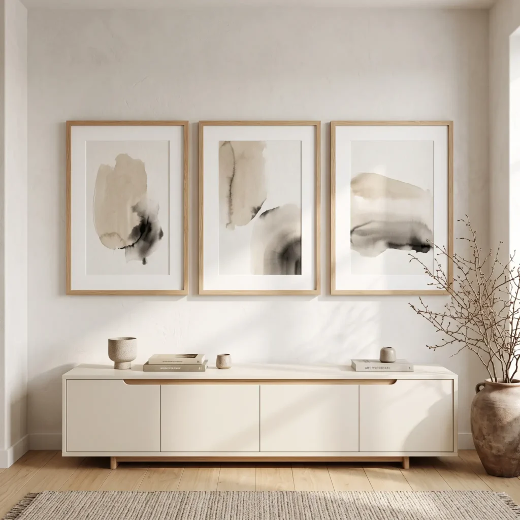Minimalist three-frame horizontal triptych gallery wall in light oak frames above a modern credenza.
