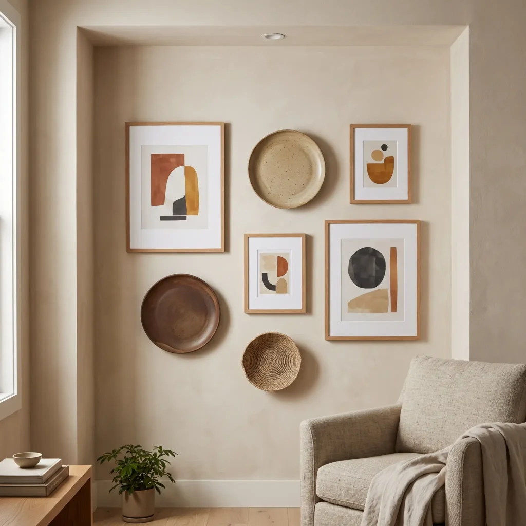 Mixed-media gallery wall combining oak framed art prints with ceramic wall plates in an alcove.