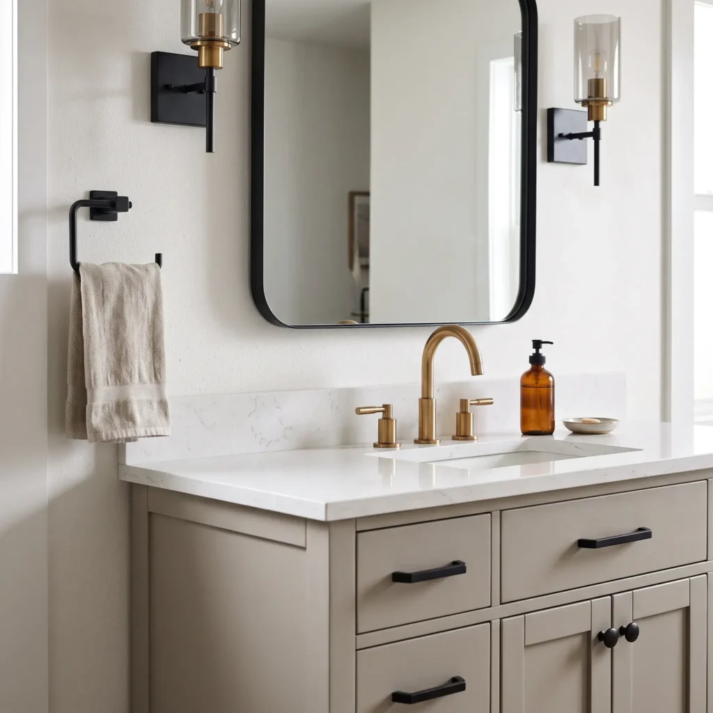  Close-up of a bathroom vanity combining a brushed brass widespread faucet with a matte black framed mirror and matte black cabinet pulls.