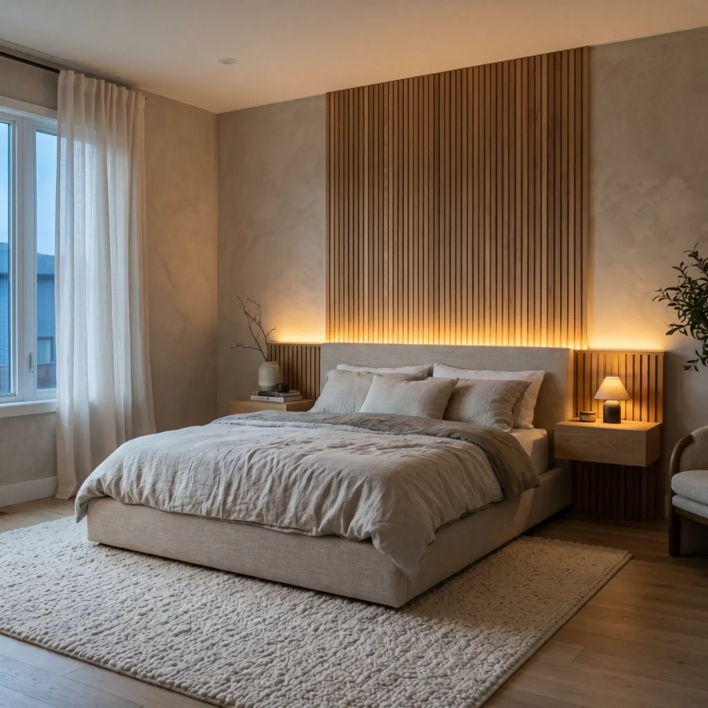 Serene modern bedroom featuring vertical oak acoustic wall slats, floating nightstands, and a linen platform bed.