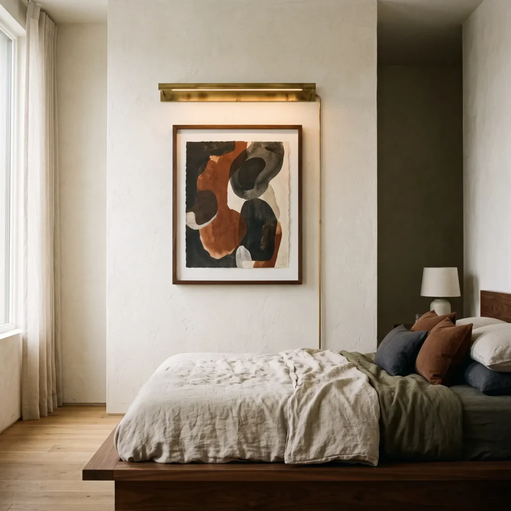 Slim horizontal brass plug-in picture light illuminating framed art beside a modern bed.