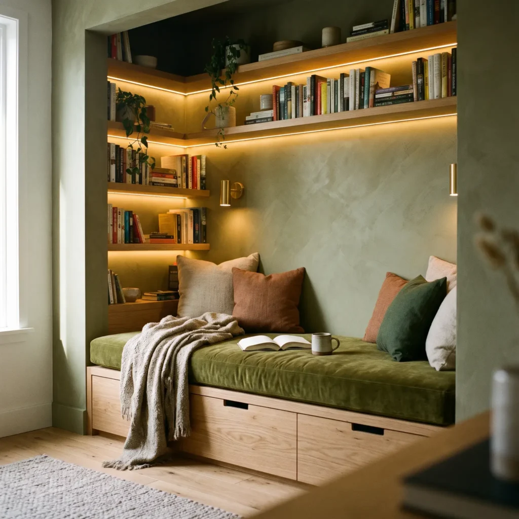 Built-in modern reading nook in an alcove with an olive green velvet bench and illuminated oak bookshelves.