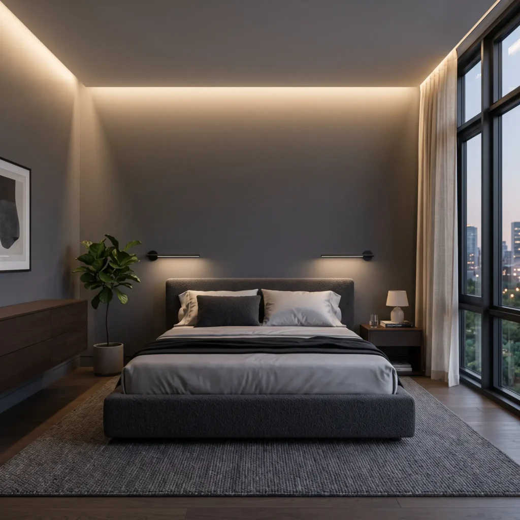 Modern dark charcoal bedroom featuring indirect LED ceiling lighting washing down the wall, paired with minimalist bedding.