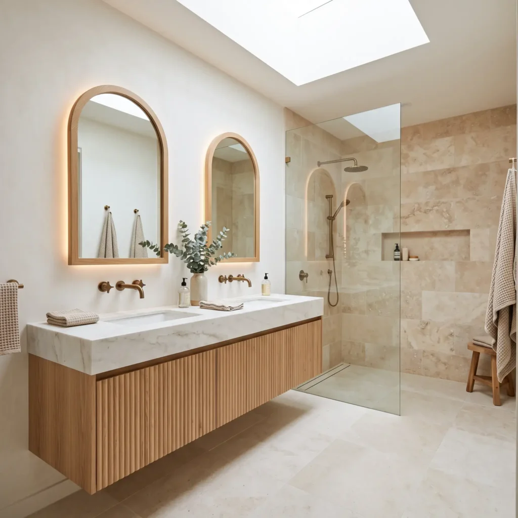 Coastal spa bathroom with a fluted white oak floating vanity, wall-mounted brass faucets, and tumbled limestone tiles.