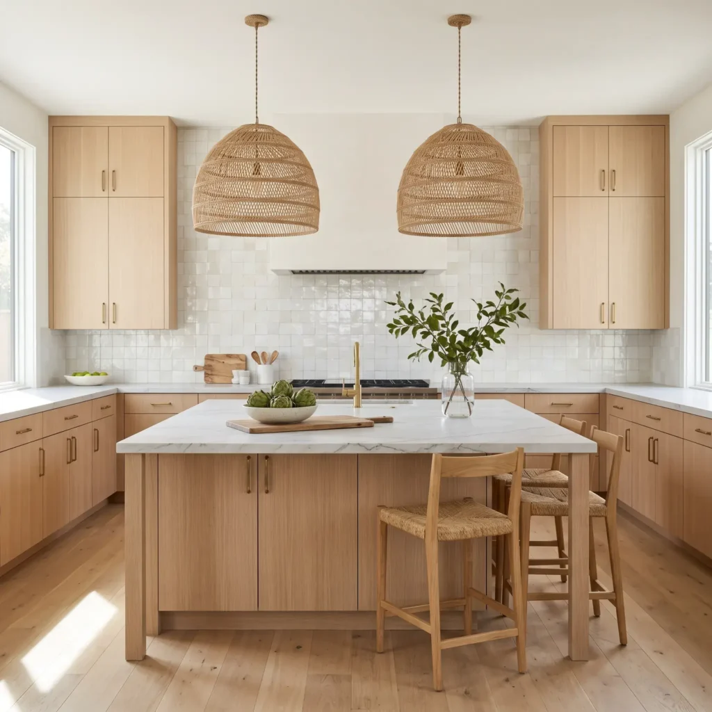 Coastal kitchen with rift-sawn white oak cabinets, honed quartzite countertops, and woven rattan pendant lighting.