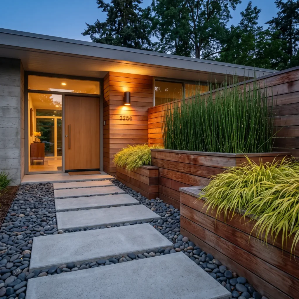 Modern front yard featuring oversized concrete paver stepping stones, black beach pebbles, and horizontal cedar planter boxes.